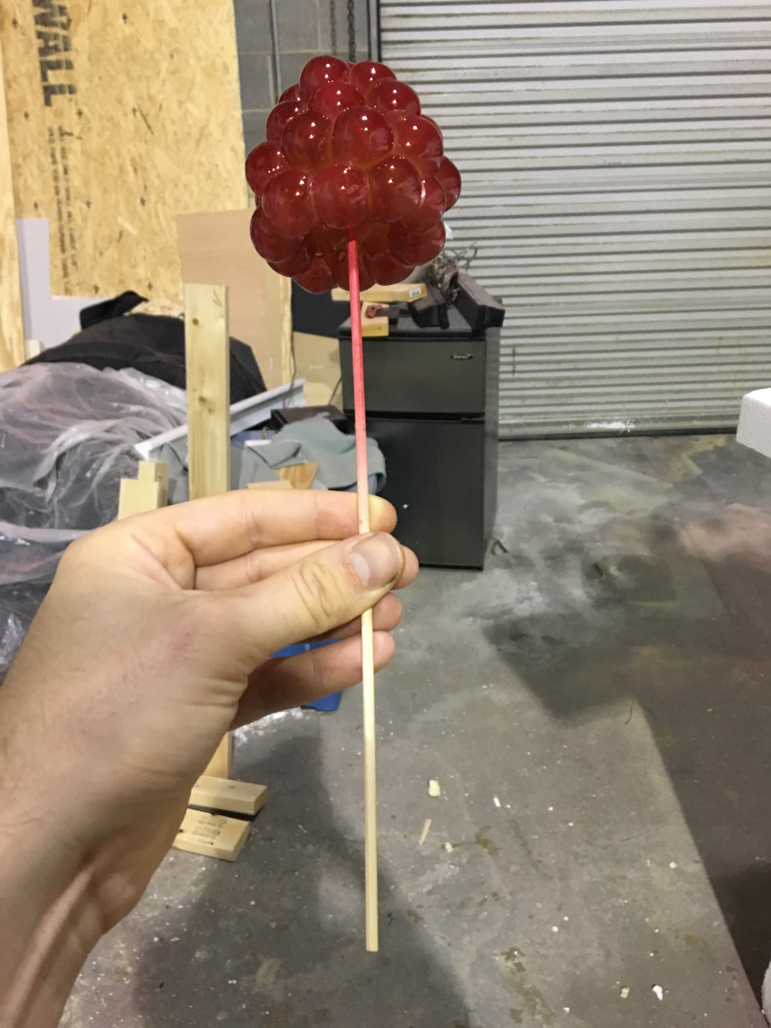 Hand-fabricated raspberry prop in process