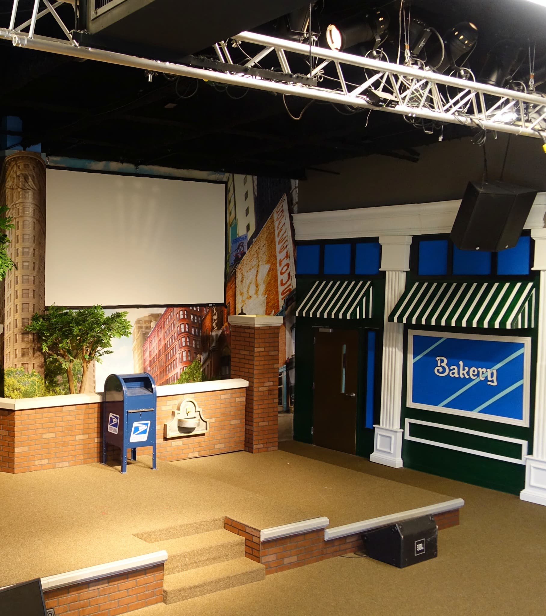 Dimensional bakery storefront and scenic stage architecture